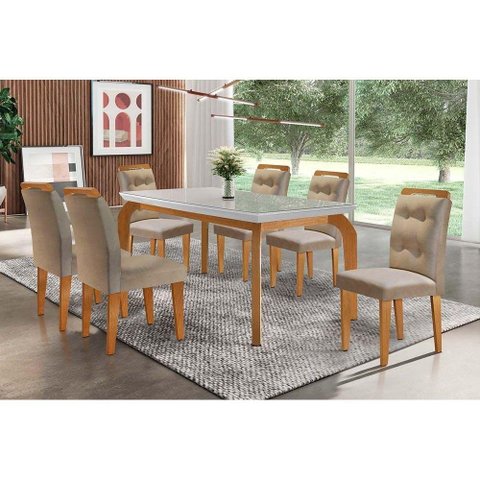 Conjunto: Mesa Sala Jantar Londrina Tampo Madeirado c/ Vidro 180cm + 6 Cadeiras Imperatriz Imbuia/