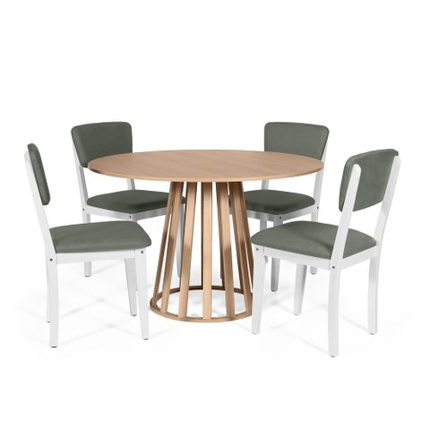 Mesa de Jantar Redonda Gabi Jade com 4 Cadeiras Estofadas Ella Branco/cinza