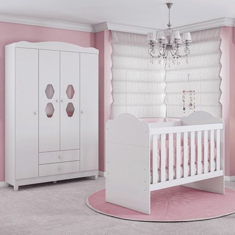 Conjunto Quarto Infantil Berço Yupi e Guarda-roupa 4 Portas Lolly