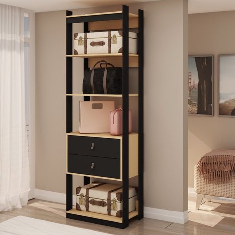 Estante Guarda Roupa para Closet 2 Gavetas Estilo Industrial Bege/Freijo/Preto