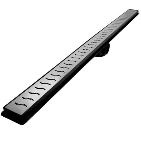 Ralo Linear Banheiro Seca Box 5x100 Inox Ondas Espelhado Coletor Preto com Sifão Tela (5cm x 100cm)