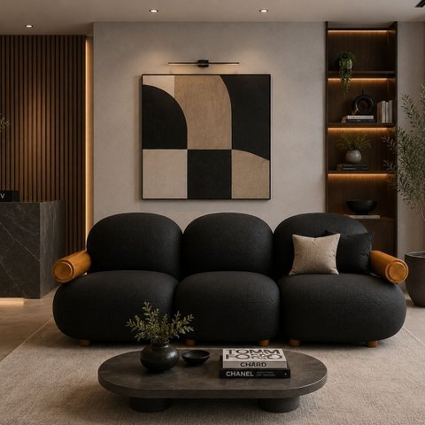 Sofá Leaf 250 cm 3 Lugares Orgânico Luxo Sala de Estar: Courino Sintético Preto