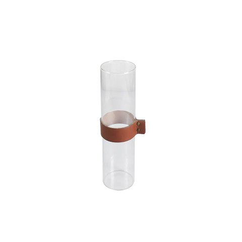 Vaso Decorativo Cilindrico de Vidro com Faixa de Couro 27cm RHO0008 BTC