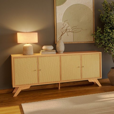 Buffet 4 Portas em MDF com Palhinha Hexagonal Natural 180 cm Carvalho Rose - Dalla Costa