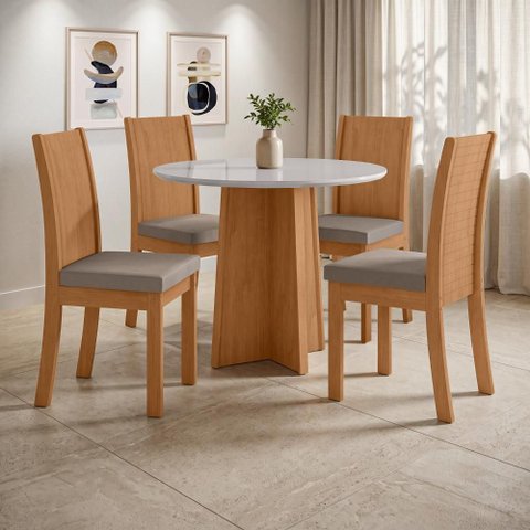 Conjunto Sala de Jantar Mesa Redonda Celebrare 100cm Tampo Vidro e 4 Cadeiras Athenas Suede Bege
