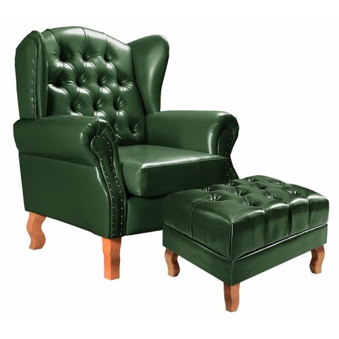 Poltrona Imperador Chesterfield com Puff Decoração Sala Quarto Recepção - Couríssimo Verde