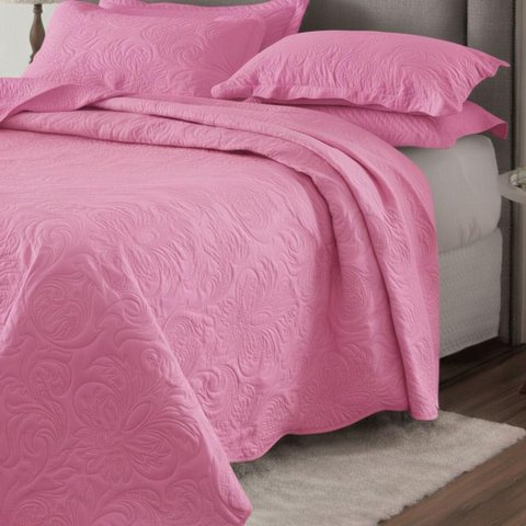 Cobre Leito Colcha Casal Queen Pratika Dupla Face 03 Peças - Chiclete - 100% Poliéster