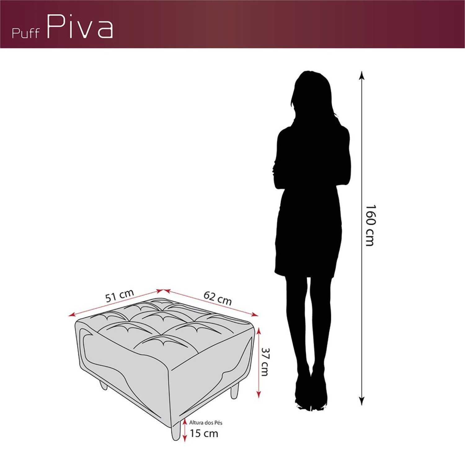 Puff para Sala de Estar 62cm x 37cm Piva - 3