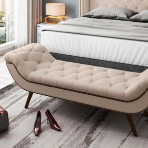 Recamier Calçadeira King 195 Cm em Tecido Sintético Bege com Tachas Cisne - Larbelle