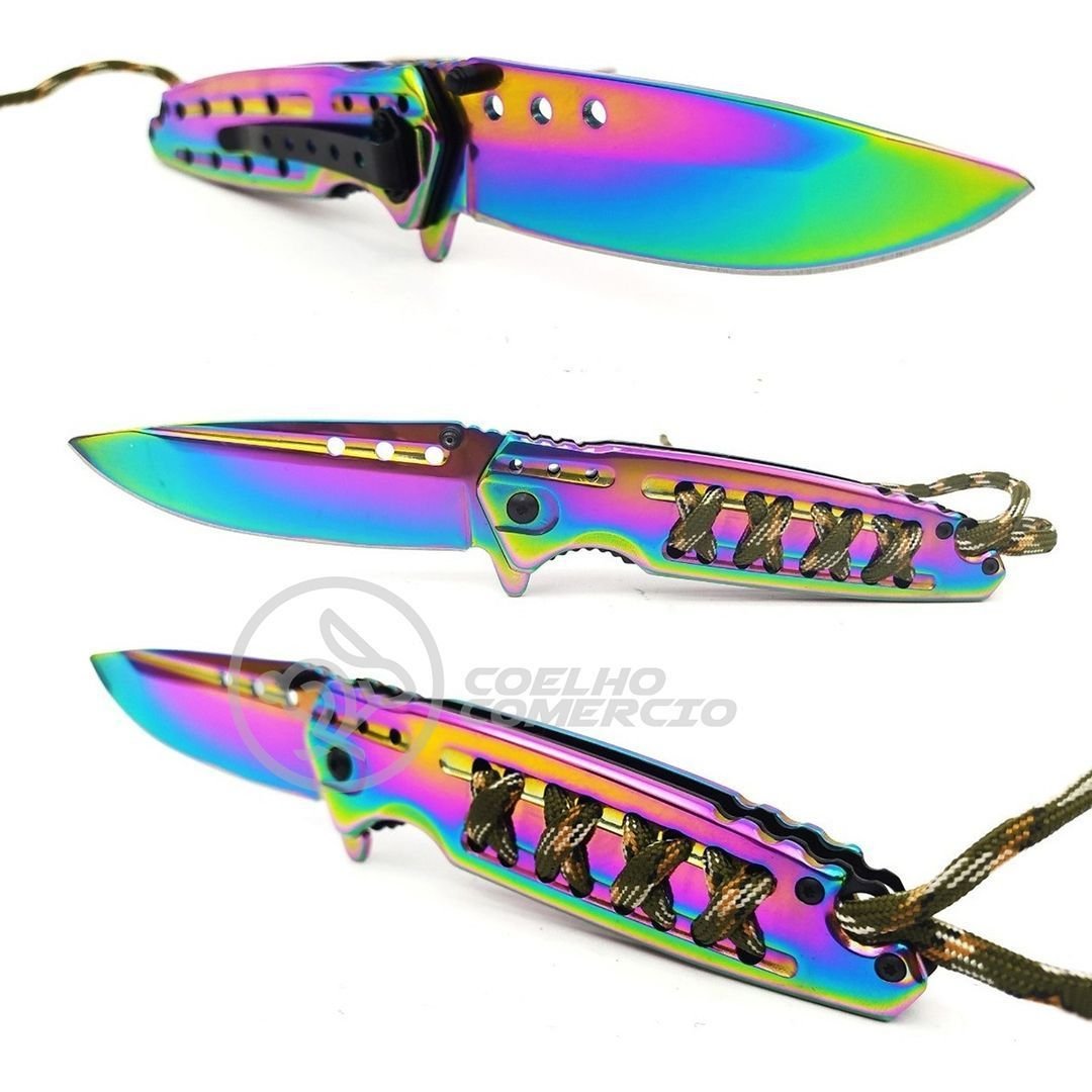Canivete Aço Inox Sobrevivência Semi-automático Edc Fade Bushcraft Paracord - Rainbow Cor:arc - 7