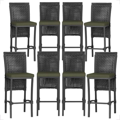 8 Banquetas em Alumínio Roma Preta Corda Náutica Tecido 13