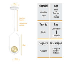 Lustre Pendente On Clip - Branco com Globo de Vidro Âmbar - 8 Lustre Pendente On Clip - Branco com Globo de Vidro Âmbar - 8