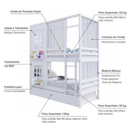 Treliche Casinha Reta com 02 Janelas e Cortina Madeira Maciça Branco Housin - 3