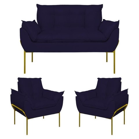 Kit 2 Poltronas + Namoradeira Pé Metal Dourado Recepção Sala Azul Marinho