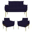 Ver imagem 1 de Kit 2 Poltronas + Namoradeira Pé Metal Dourado Recepção Sala Azul Marinho