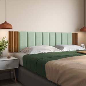 Cabeceira de Cama King 10 Módulos Estofados Suede Verde Menta e 4 Módulos Ripados Mdf