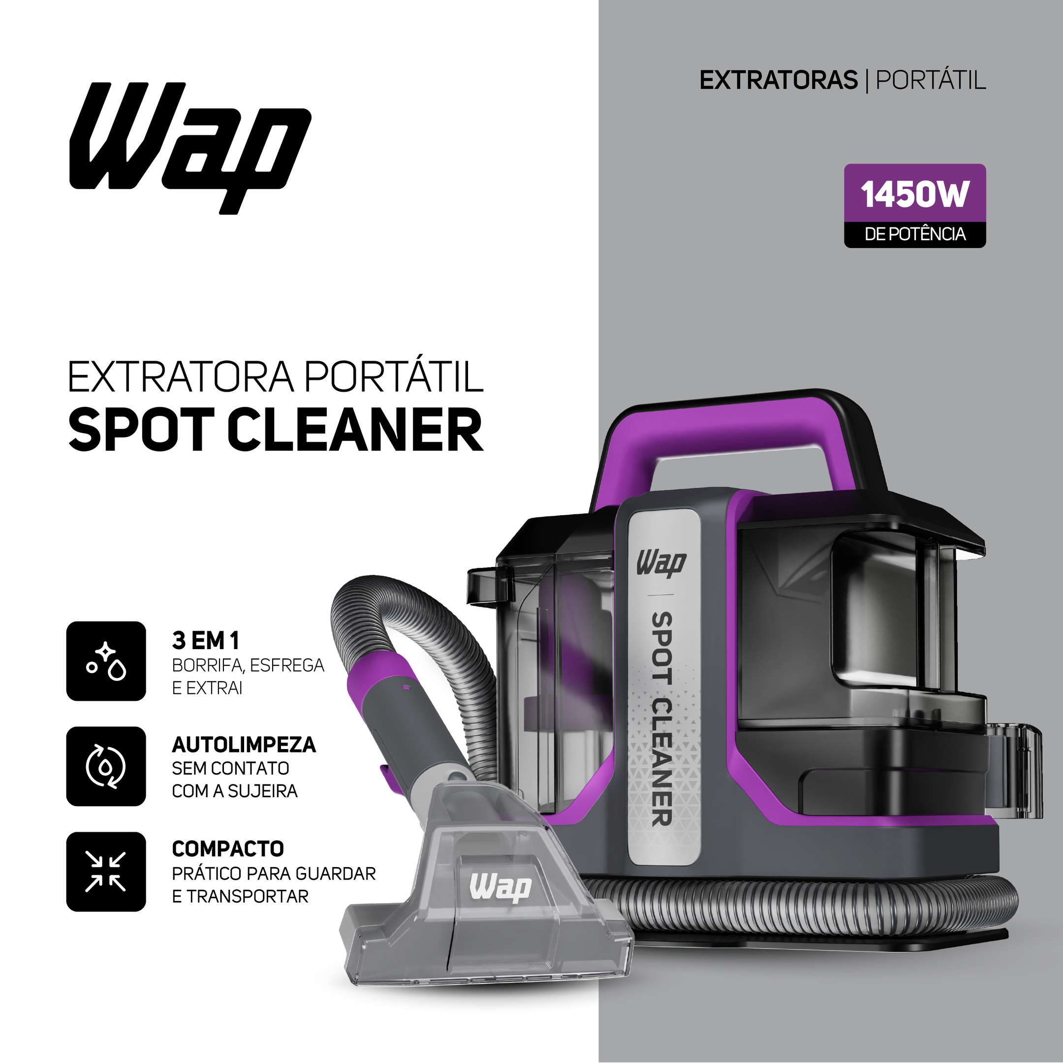 Extratora de Sujeira Portátil 3 em 1 WAP Spot Cleaner W3 Borrifa, Limpa e Higieniza 1450W 127V - 2