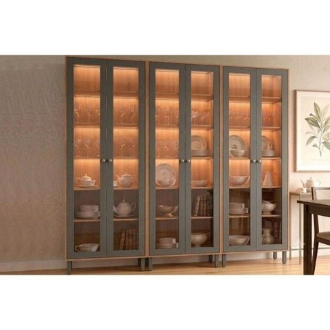 Cristaleira Brilhante LED Reflecta 6 Portas 5 Prateleiras MDF com Iluminação Titânio MGM 210cm