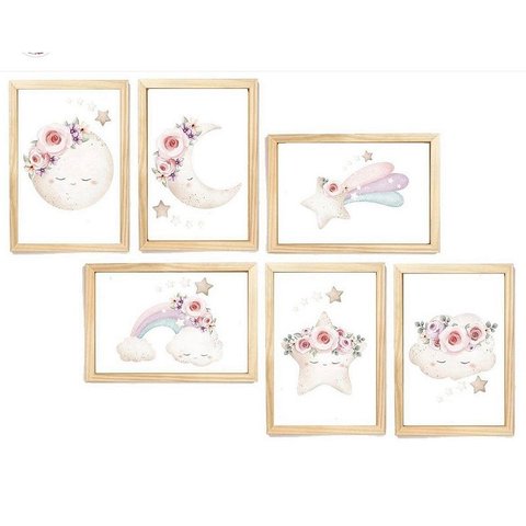 Kit Quadro Arco Iris Flores Lua Decorativo Quarto Criança Enxoval Bebê