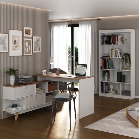 Conjunto com Escrivaninha em L Retrô 136x120cm e Estante para Livros 4 Prateleiras Yescasa Branco/Nogal