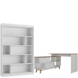 Kit 2 Peças com Escrivaninha em L Retrô 136x120cm e Estante 120cm para Livros 4 Prateleiras - 2