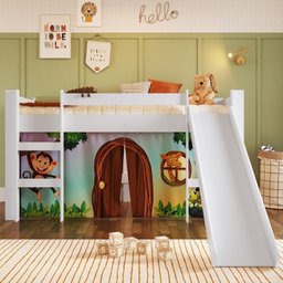 Cama Elevada com Escorregador e Cortina Zoo 1 Colchão - 2