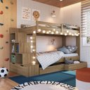 Ver imagem 7 de Beliche Infantil com Escada Nichos 2 Gavetões 2 Colchões Marrom/Aveiro Oak