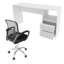 Ver imagem 4 de Conjunto 2 Peças com Escrivaninha com Ripado 2 Gavetas 1 Nicho com Cadeira para Escritório Diretor Tela Mesh Branco