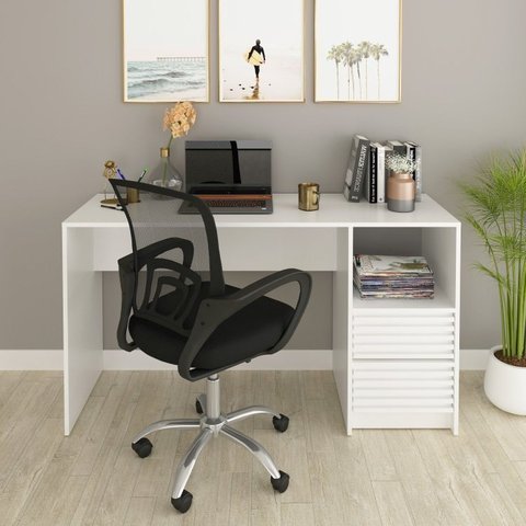 Kit 2 Peças com Escrivaninha com Ripado 2 Gavetas 1 Nicho com Cadeira para Escritório Diretor Tela Mesh