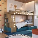 Ver imagem 1 de Beliche Infantil com Escada Nichos 2 Gavetões 2 Colchões Marrom/Aveiro Oak/Azul Secreto