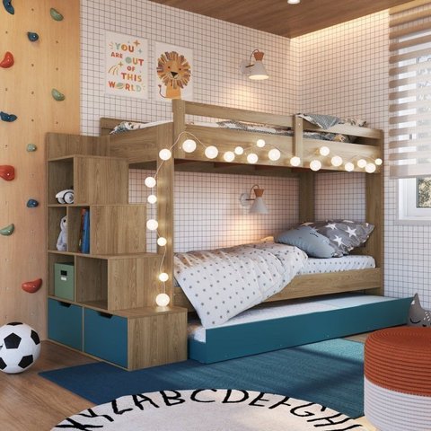 Treliche Infantil com Cama Auxiliar 3 Colchões Marrom/Aveiro Oak/Azul Secreto
