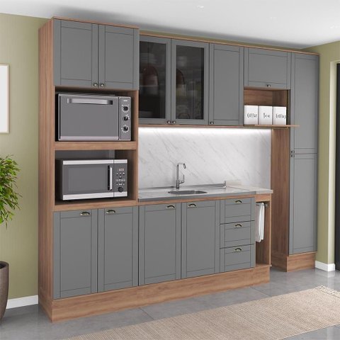 Cozinha Completa com Balcão Milla Sense Soft 12 Portas 3 Gavetas MDF MDP Nogal com Cinza Titânio