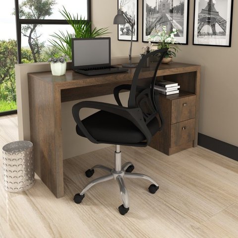 Conjunto 2 Peças com Escrivaninha ME4130 e Cadeira para Escritório Tela Mesh Rústico Preto