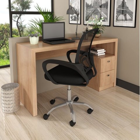 Conjunto 2 Peças com Escrivaninha ME4130 e Cadeira para Escritório Tela Mesh Amêndoa Preto