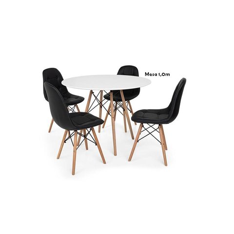 Conjunto de Mesa de Jantar Eames Eiffel Redonda 100cm Tampo de Madeira Branco com 4 Cadeiras Pretas