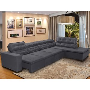 Sofá 7 Lugares de Canto Retrátil Reclinável Pillow Chaise e 3,60 X 2,20m Sttilo Cinza