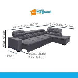 Sofá 7 Lugares de Canto Retrátil Reclinável Pillow Chaise e 3,60 X 2,20m Sttilo Cinza - 5