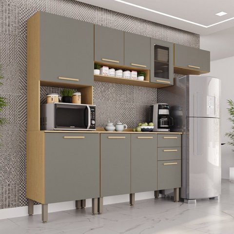 Cozinha Compacta Modulada 4 Peças 9 Portas 2 Gavetas Bella Cinza/Jequitibá/Granizo