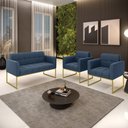 Ver imagem 2 de Kit 1 Sofá Namoradeira e 2 Poltronas Elisa Suede Base Metálica Industrial Dourada - D'Rossi Azul Mar