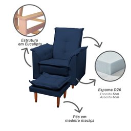 Poltrona Amamentação e Puff Ariel Suede Azul Marinho Espuma D26 Tana Decor Newbelle Decor - 5