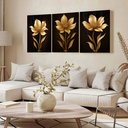 Ver imagem 3 de Kit 3 Quadro Decorativo Sala Flores Floral Dourado Gold 4k Qualidade Premium Luxo 28x20cm
