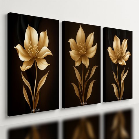 Kit 3 Quadro Decorativo Sala Flores Floral Dourado Gold 4k Qualidade Premium Luxo 28x20cm