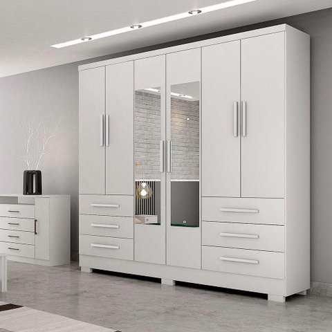 Guarda-roupa Encant com Espelho 6 Portas e 6 Gavetas Branco