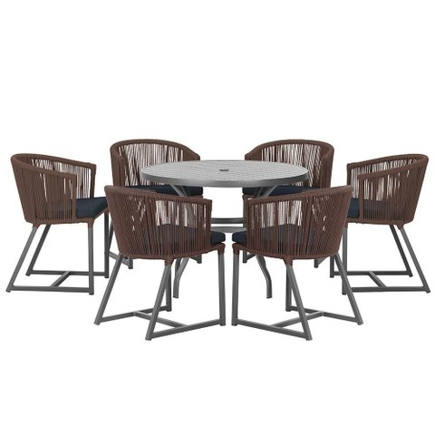 Mesa com 6 Cadeiras de Jantar Roma 120cm e Noronha em Alumínio Preto Corda Náutica Estofado 12 Trama