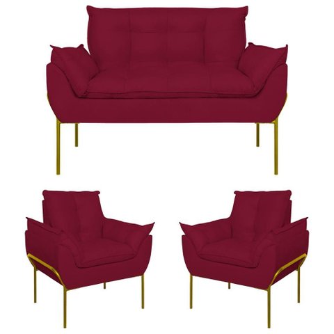 Kit 2 Poltronas + Namoradeira Pé Metal Dourado Recepção Sala Cor:marsala