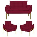 Ver imagem 1 de Kit 2 Poltronas + Namoradeira Pé Metal Dourado Recepção Sala Cor:marsala