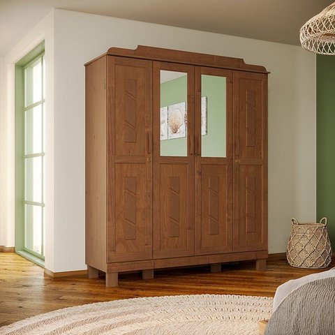 Guarda-Roupa 4 Portas com Espelho Estrutura em Madeira Cobre Marrom/Castanho