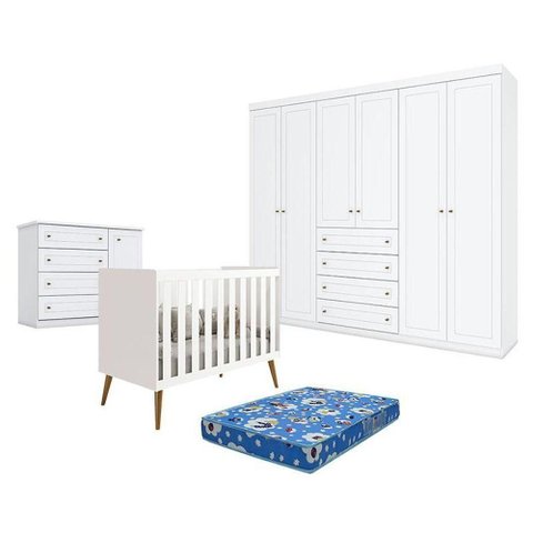 Quarto Bebê 6 Portas c/ Berço Americano Katatau Branco Acetinado Reller - Henn + Colchão Ortobom