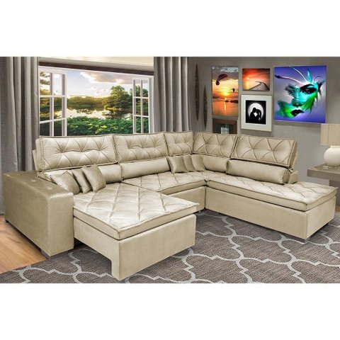 Sofa de Canto Retrátil e Reclinável com Molas Cama Inbox Platinum 3,00x2,36 Tecido Suede Bege