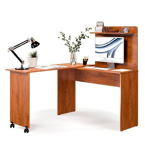 Escrivaninha em L 2 em 1 com Rodízios e Prateleira Freijo